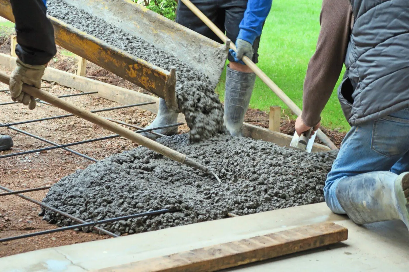 Reno Concrete Solutions pros pouring concrete mix into the mold to create a concrete driveway in Gardnerville NV